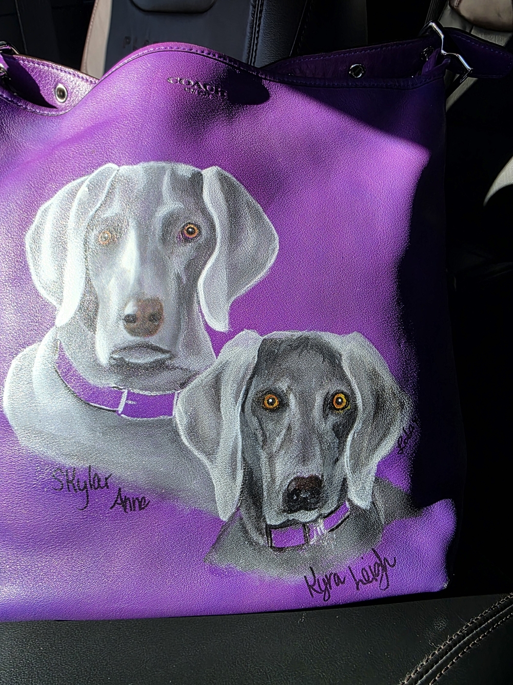 Coach Purple Leather Tote with Hand-Painted Dog Portraits